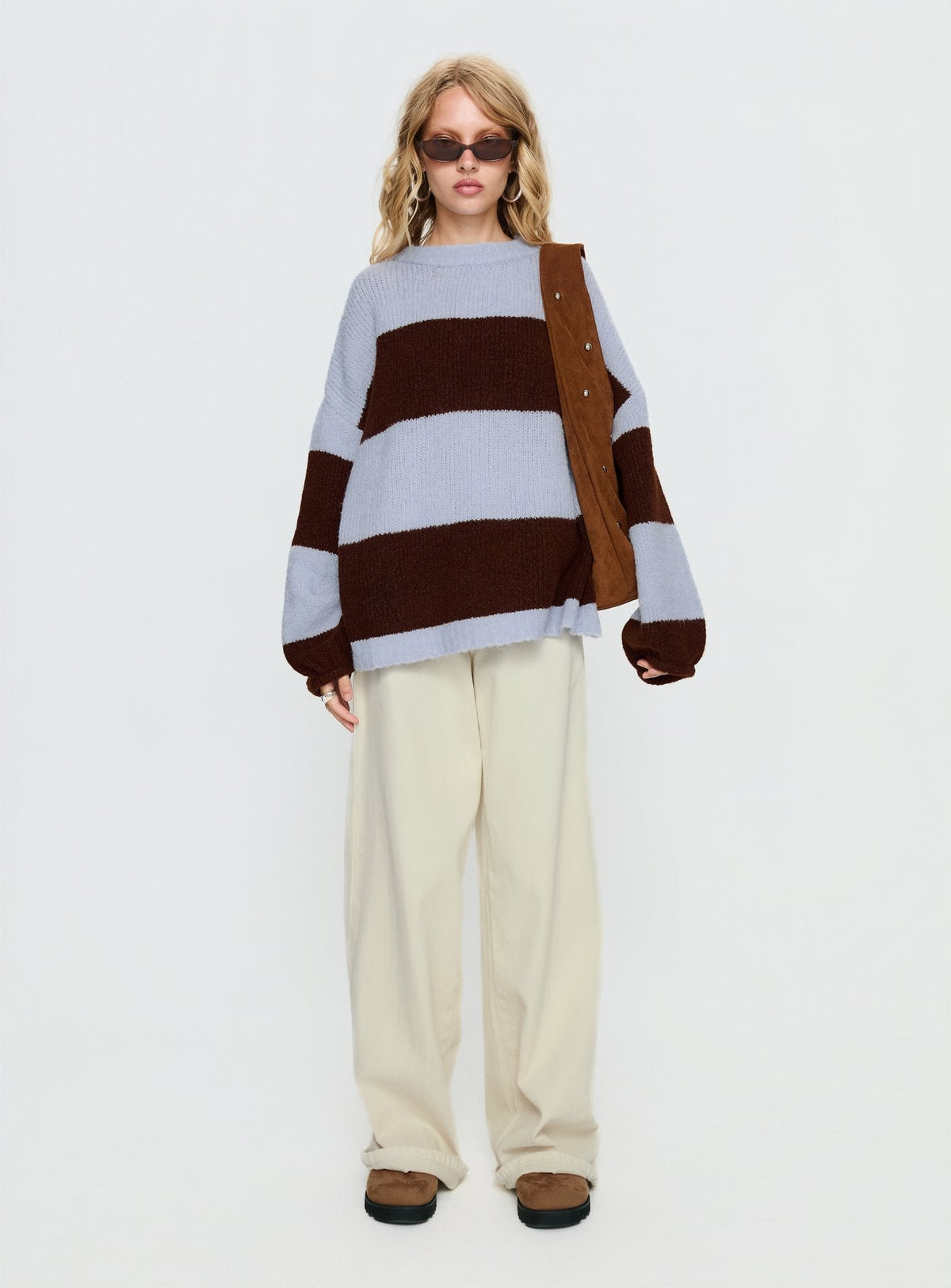Bastien Crew Neck Knit Sweater Blue / Chocolate Stripe