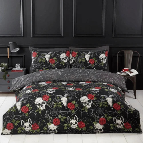 dark dreams skulls and roses reversible duvet set with mystical gothic design