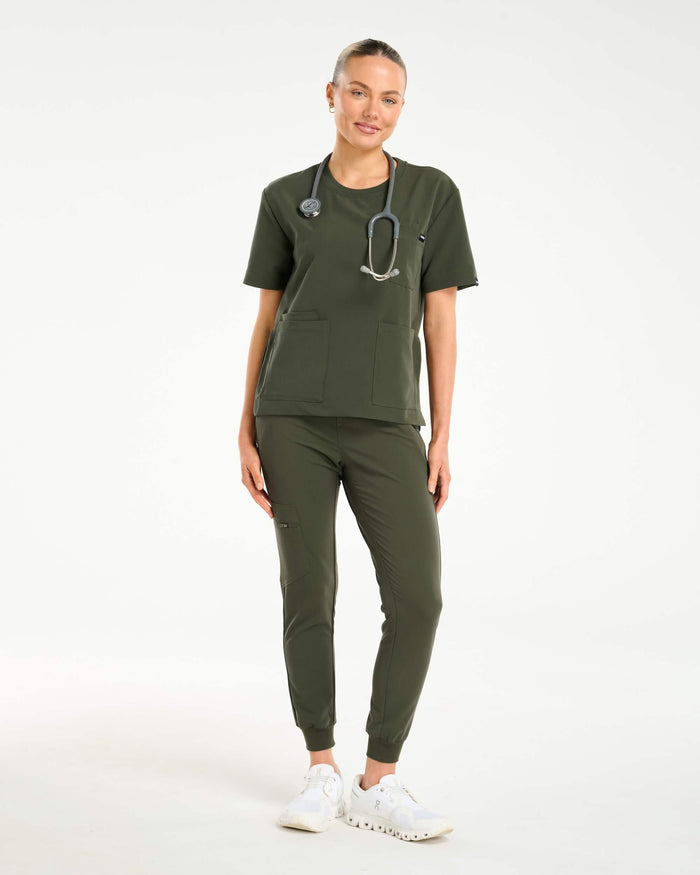 Essential Crewneck Scrub Top - Khaki Green
