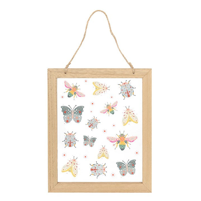 botanical bug print glass wall décor displayed front view with playful colourful illustration