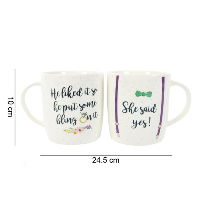 back view of engagement mug set showing clean white bone china finish