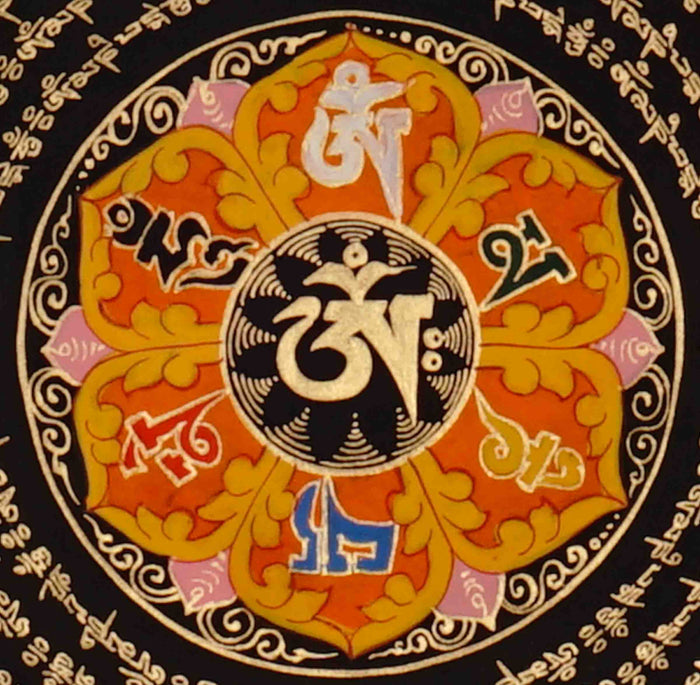Om Lotus Mantra Mandala Thangka with Aum symbol and radiating Tibetan mantra script from Nepal