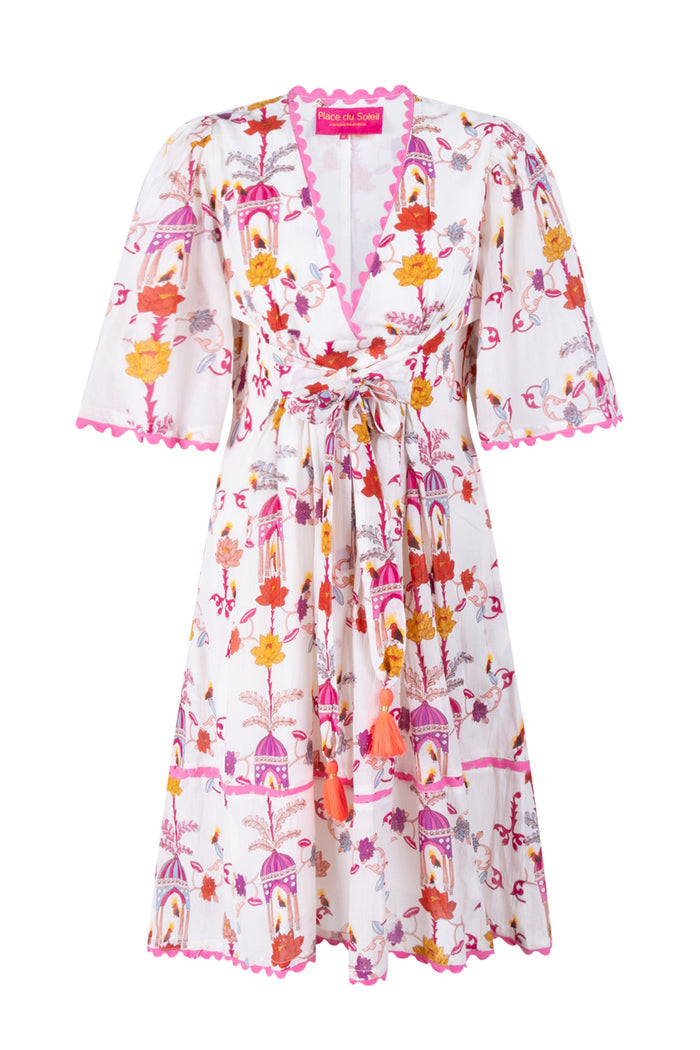 Place Du Soleil Birdhouse Print Short Dress S26-407 by Place du Soleil, shop Dotique for vibrant summer style