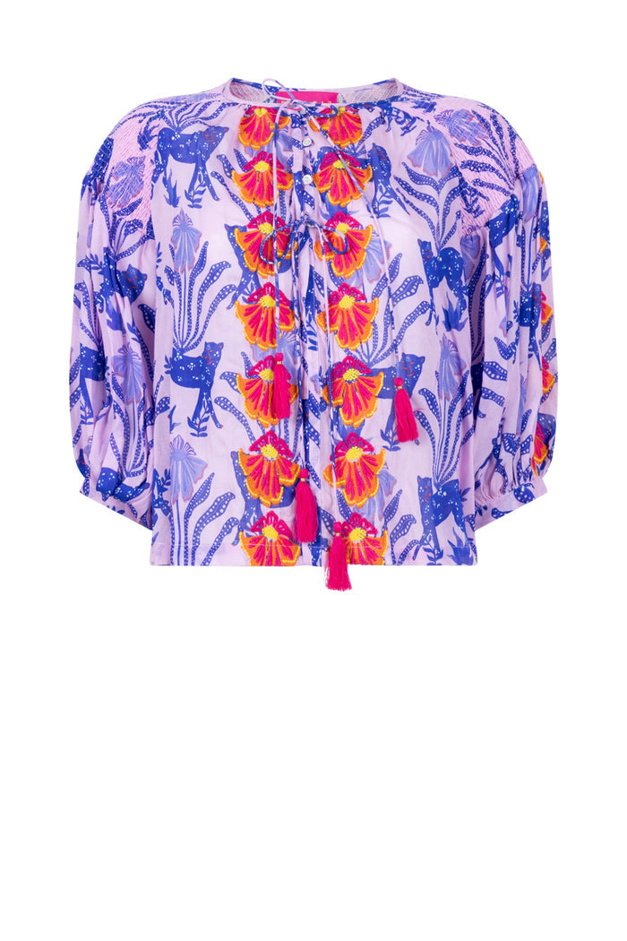 Place Du Soleil Blue Tiger Embroidered Blouse S26-334 by Place du Soleil available to shop at Dotique with vibrant floral details