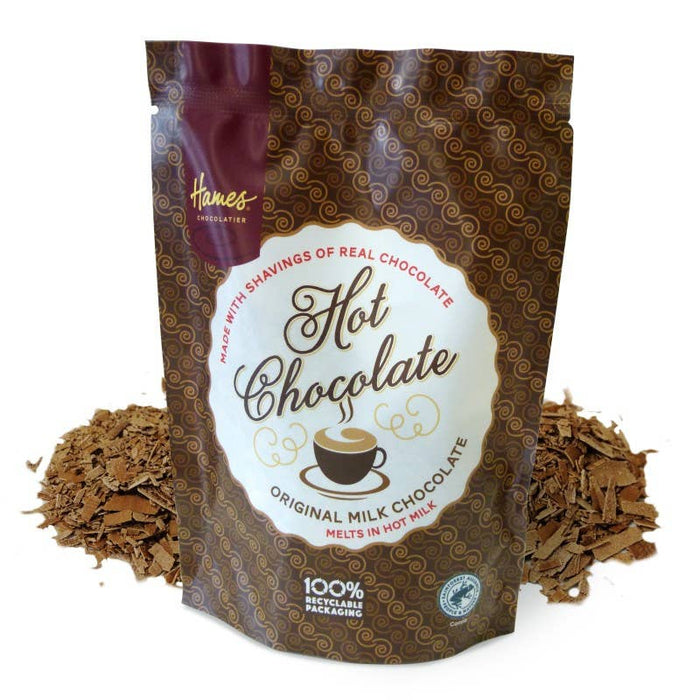 hames milk hot chocolate shavings in 115g recyclable pouch
