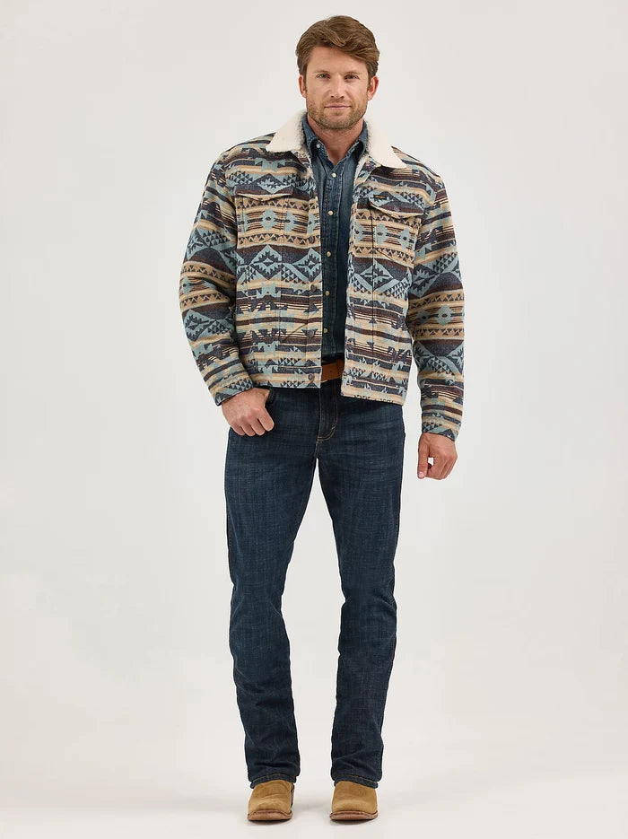 Wrangler Men's Sherpa Lined Jacquard Print Trucker Jacket in Dark Sapphire