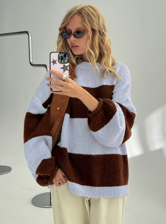 Bastien Crew Neck Knit Sweater Blue / Chocolate Stripe