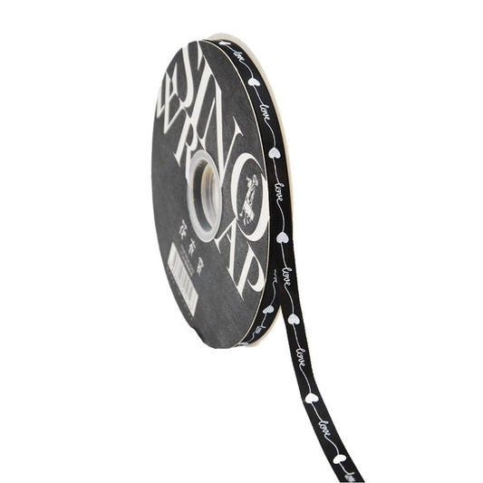 10mm 'Love With Heart' Printed Satin Ribbon - Black - TEM IMPORTS™