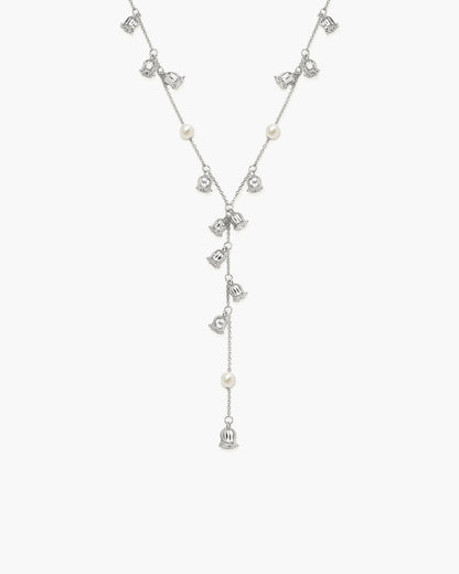 Lily of the Valley Pearl Lariat Necklace in Silver
