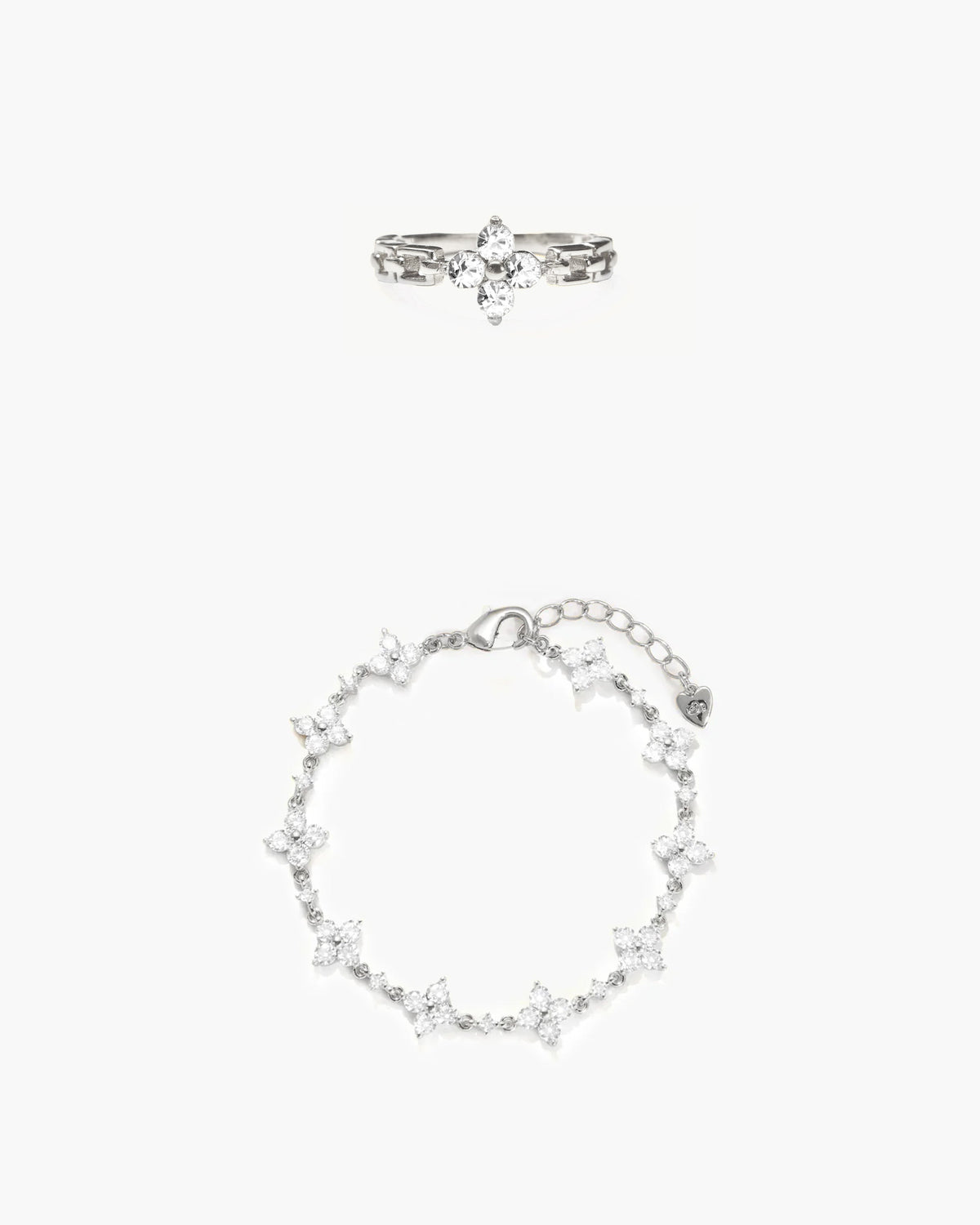 Sparkle Clover Bracelet and Ring Set in Silver