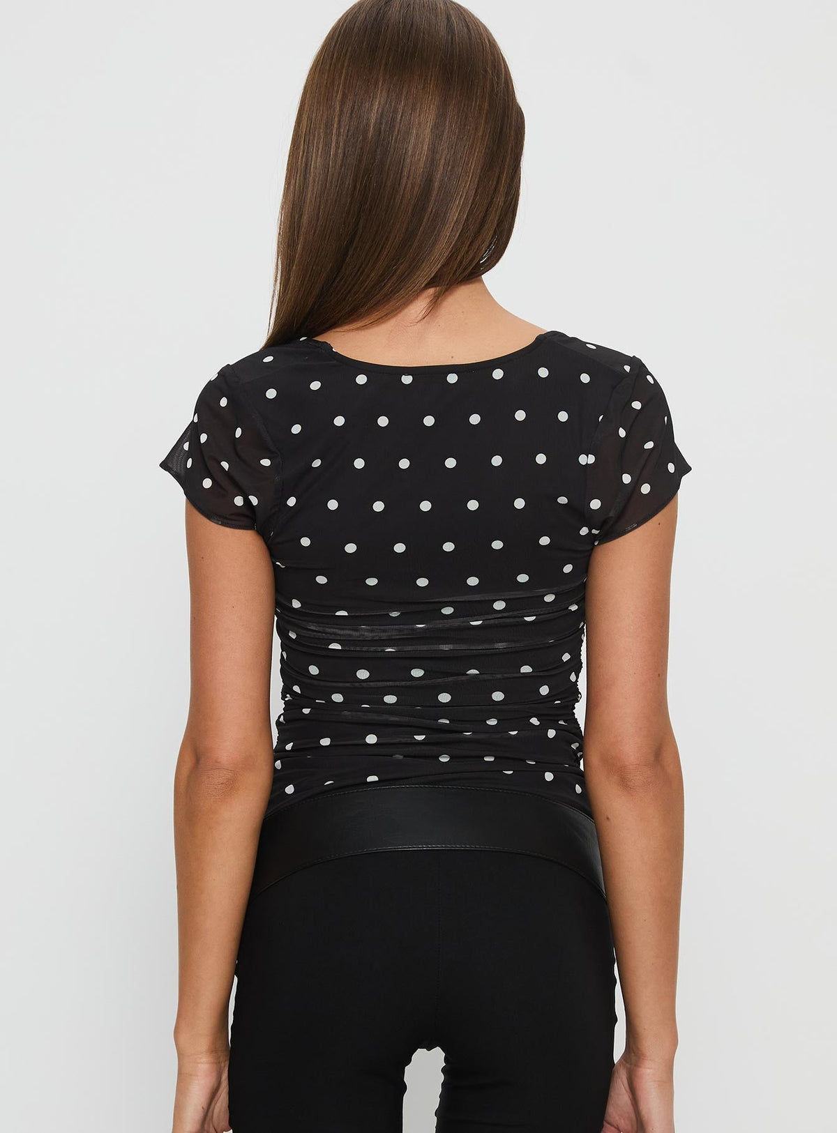 Attraction Cap Sleeve Mesh Top Black Polka