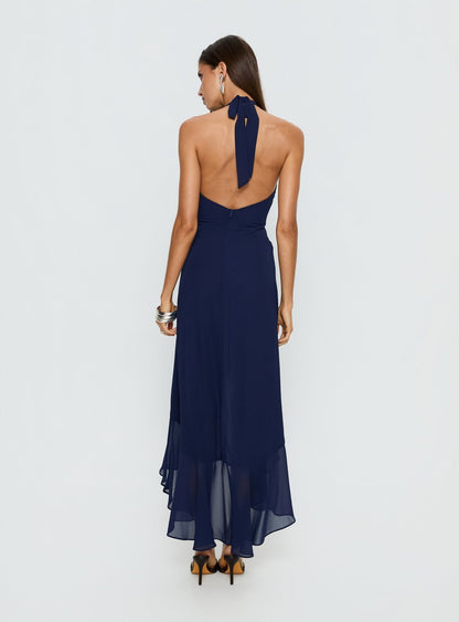 Agata Halter Frill Maxi Dress Navy