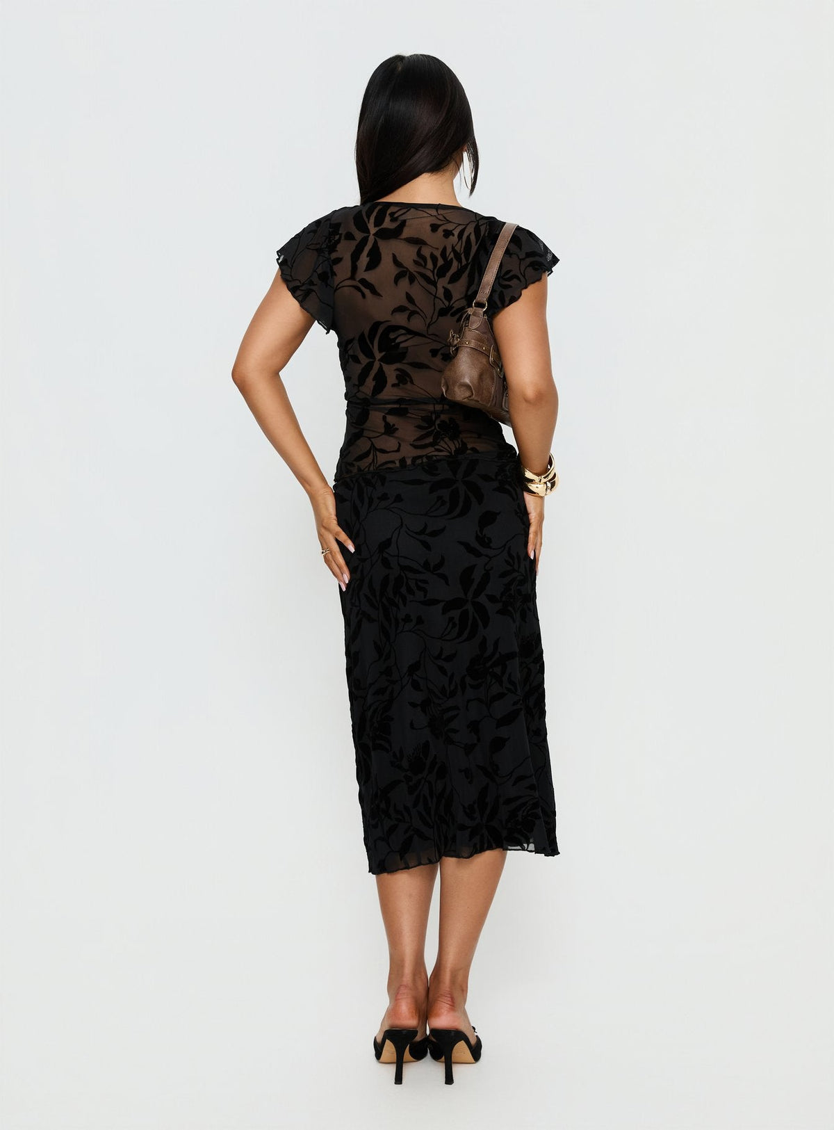 Atira Midi Skirt Leaf Flower Black