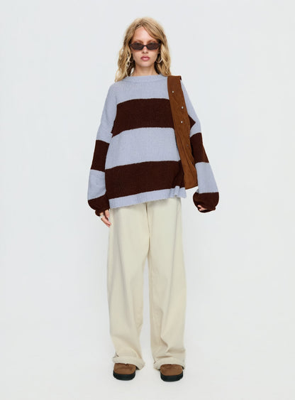Bastien Crew Neck Knit Sweater Blue / Chocolate Stripe