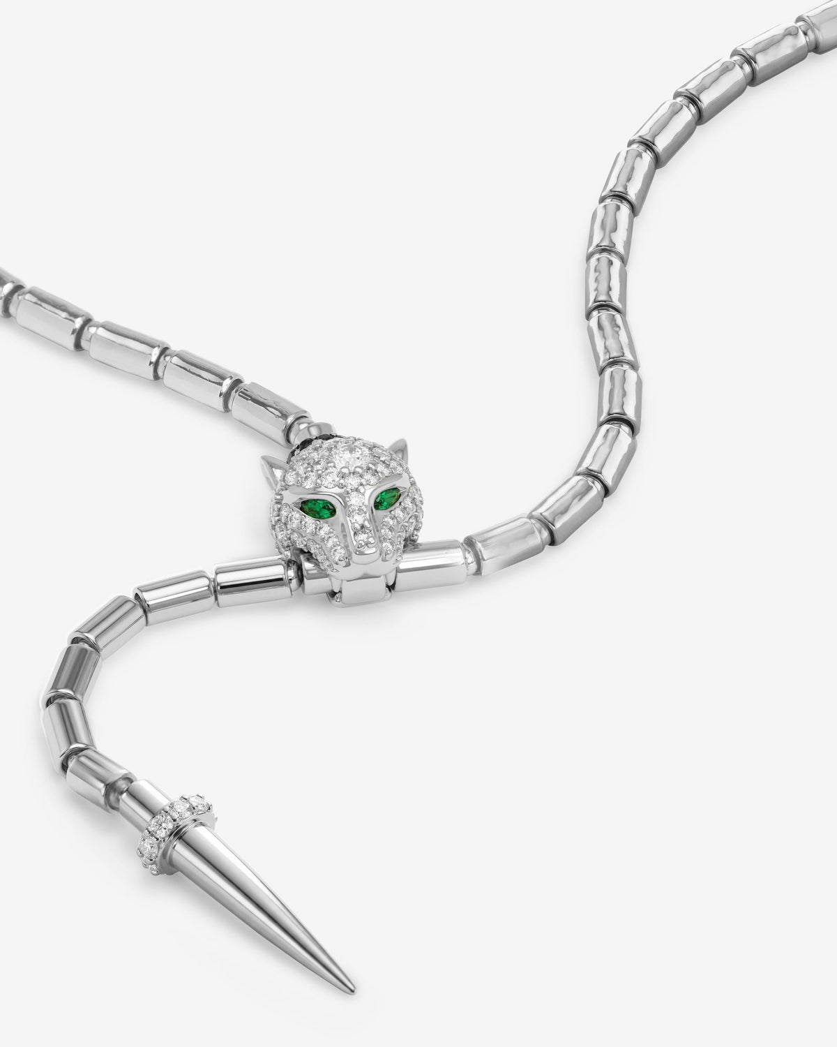 Jaguar Bolo Lariat Necklace - Silver|White Diamondettes