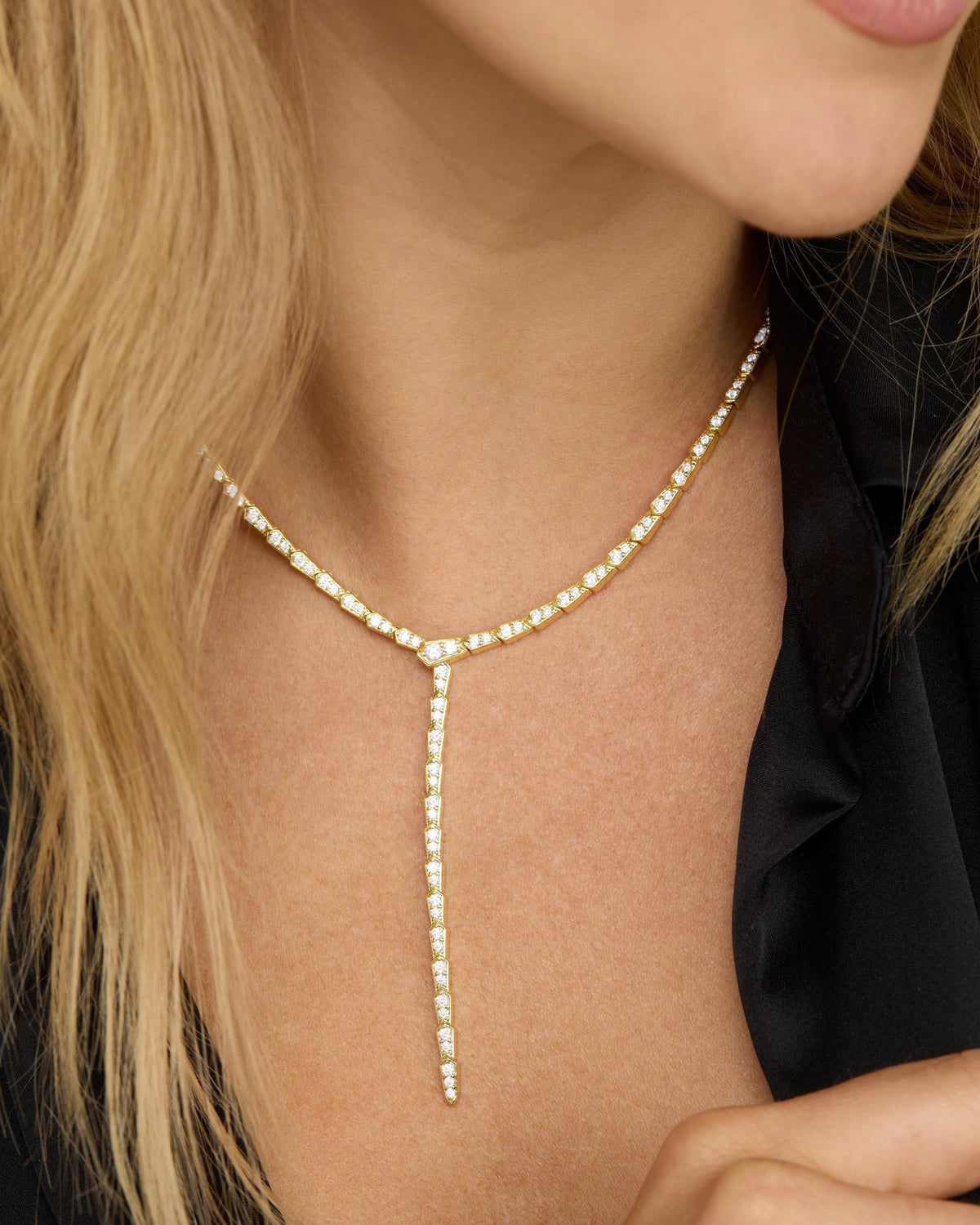 Pavé Serpent Lariat Necklace - Gold|White Diamondettes