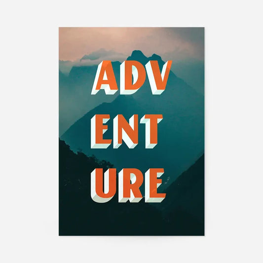 Bold "ADVENTURE" typography print with orange 3D letters over a misty teal and pink mountain landscape.