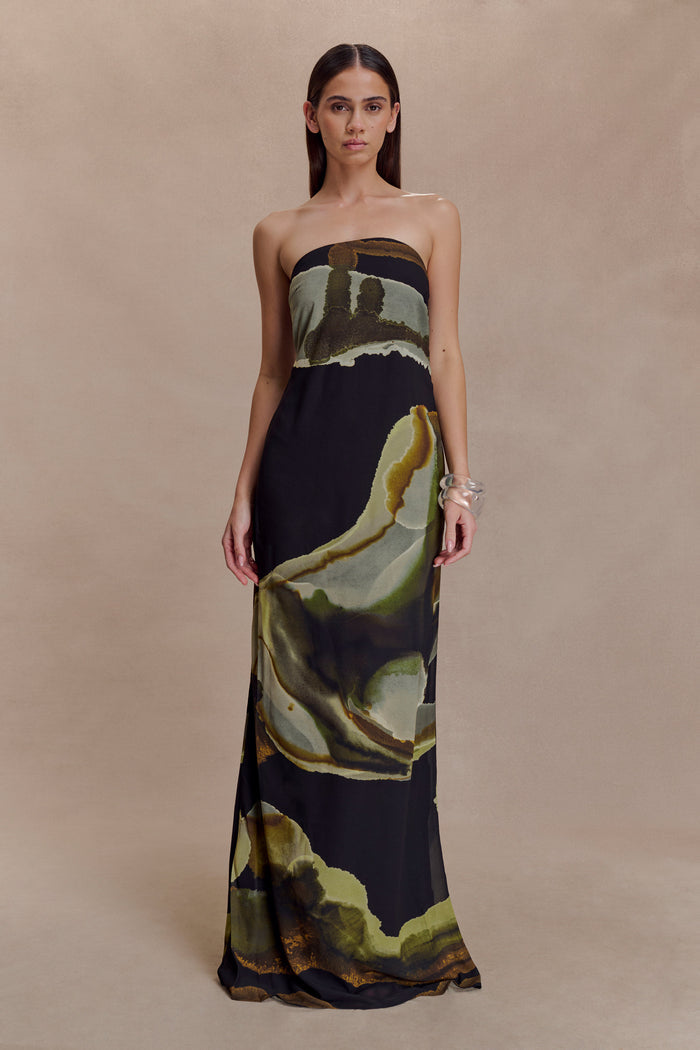 Amaya Strapless Chiffon Maxi Dress - Green Fluid Reverie Print