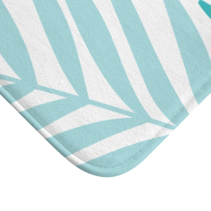 Aqua and Gray Palm Leaves Memory Foam Mat - MAT137