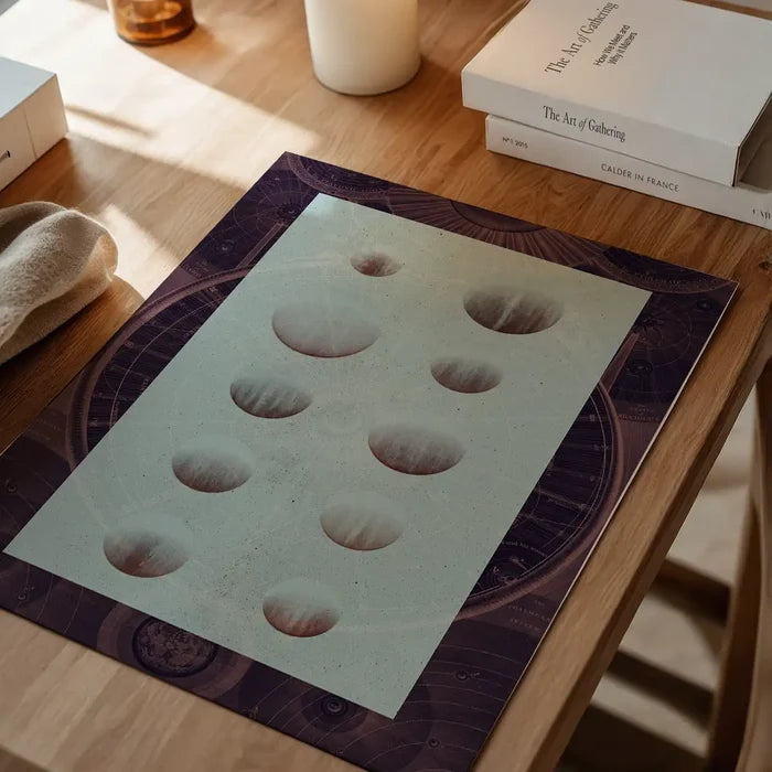 Dark purple astrology chart print with vintage space diagram style and light Scandinavian design.