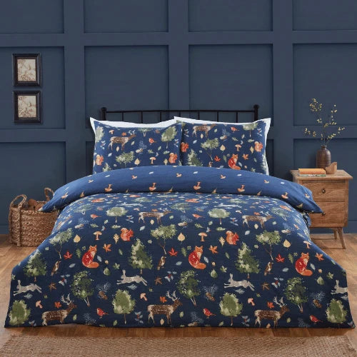 autumn forest reversible double duvet set with foxes deer and hares woodland design