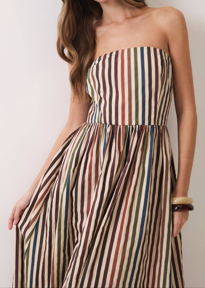 Autumn State of Mind Multi Stripe Strapless Maxi Dress
