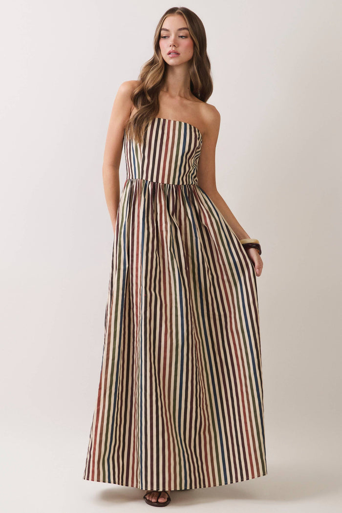 Autumn State of Mind Multi Stripe Strapless Maxi Dress