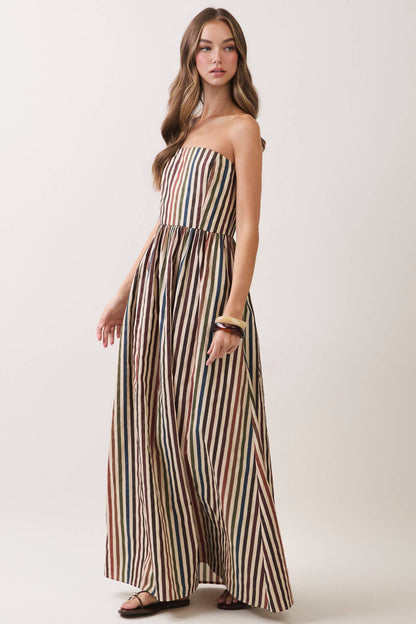 Autumn State of Mind Multi Stripe Strapless Maxi Dress