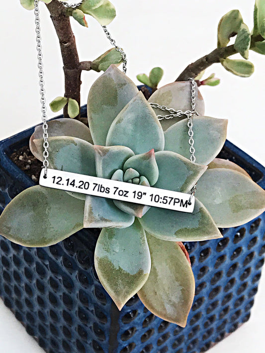 Baby Birth Stats Engraved Silver Stainless Steel Bar Necklace