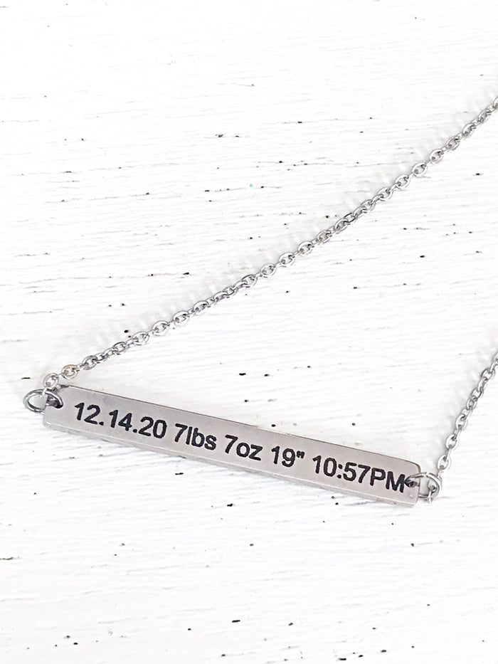 Baby Birth Stats Engraved Silver Stainless Steel Bar Necklace