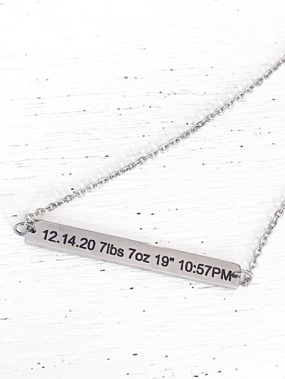 Baby Birth Stats Engraved Silver Stainless Steel Bar Necklace