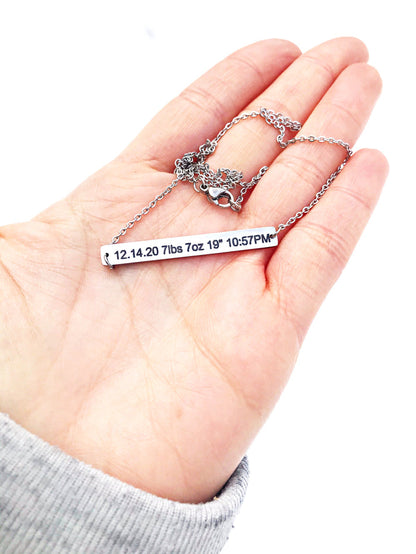 Baby Birth Stats Engraved Silver Stainless Steel Bar Necklace