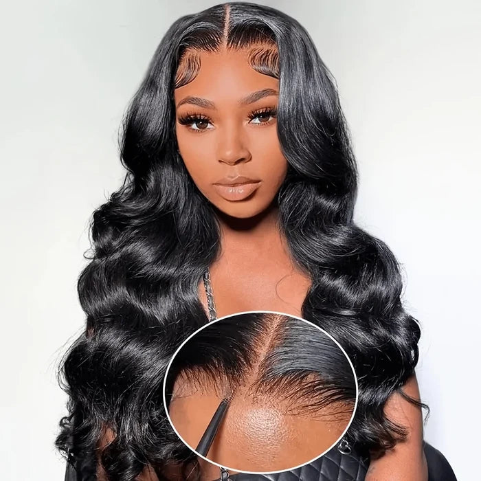 Woman with styled hair and close-up of hairline on a white background