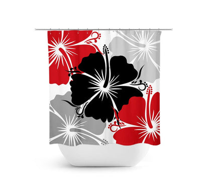 A shower curtain with a red, black, and gray hibiscus flower pattern on a white background.