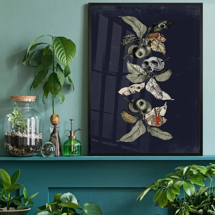 Botanical Skulls Navy Print art, featuring skulls, moths, and leaves on a dark background.