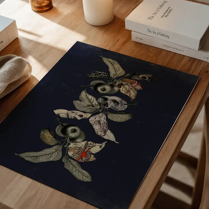 Botanical Skulls Navy Print on archival art paper, featuring apples, leaves, and skull motifs.