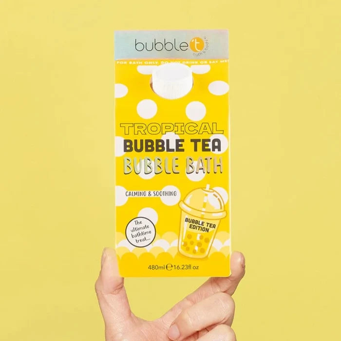 bubble t tropical bubble bath 480ml bottle showing colourful tropical design and packaging