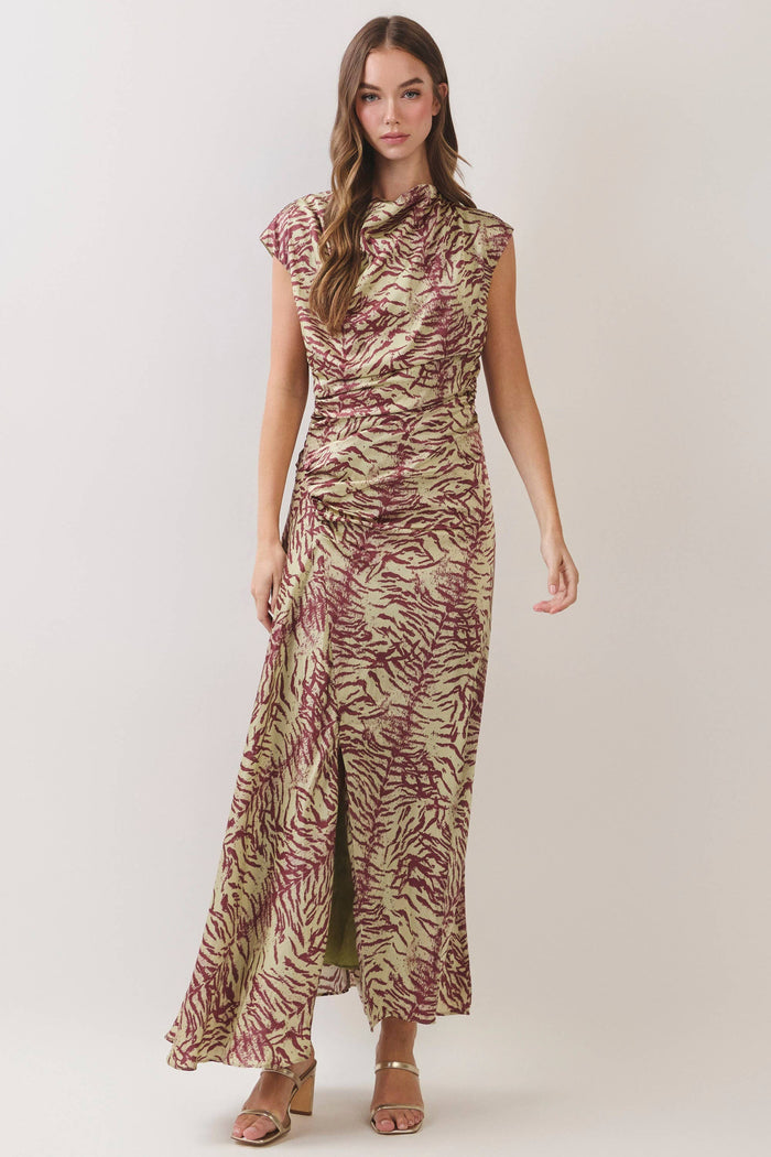 Chic Zebra Print Draped Green Maxi Dress
