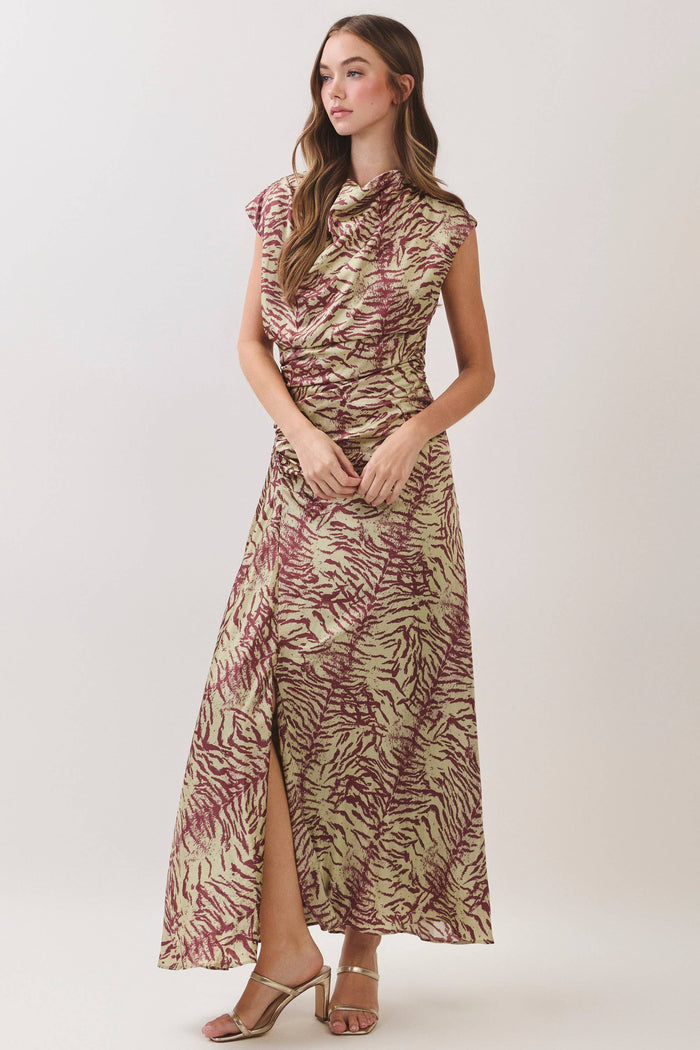 Chic Zebra Print Draped Green Maxi Dress