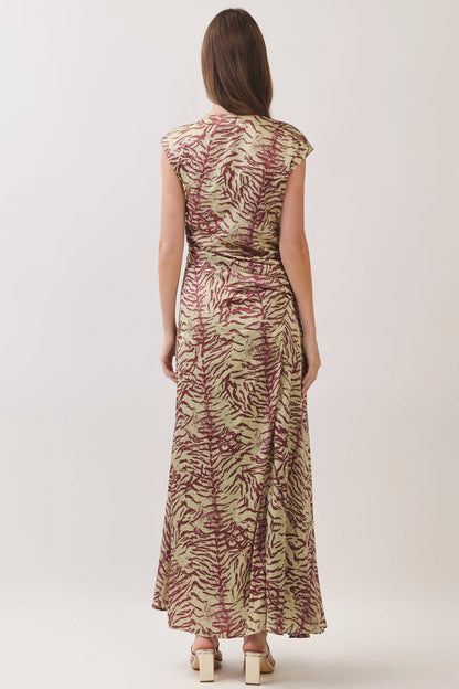 Chic Zebra Print Draped Green Maxi Dress
