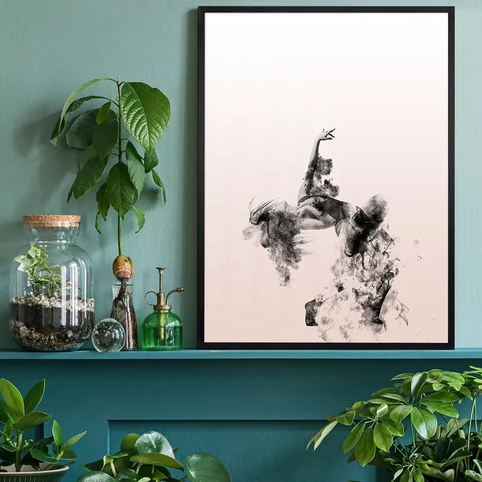 Abstract female dancer in cloud formations on pastel pink background art print.