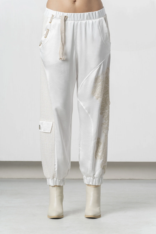 Model wearing Elisa Cavaletti White Jogger Trousers Jacquard Insert Cotton Blend EJP266003701 03149 by Elisa Cavaletti shop Dotique