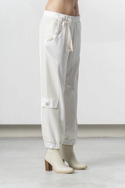 Model wearing Elisa Cavaletti White Jogger Trousers Jacquard Insert Cotton Blend EJP266003701 03149 by Elisa Cavaletti shop Dotique