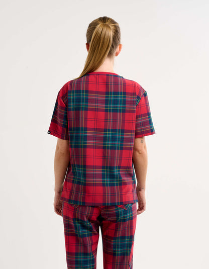Essential Crewneck Scrub Top - Christmas Red Tartan