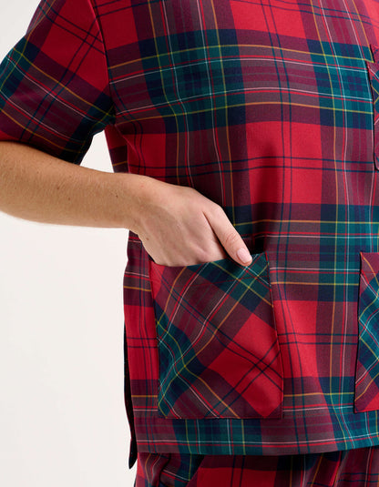 Essential Crewneck Scrub Top - Christmas Red Tartan