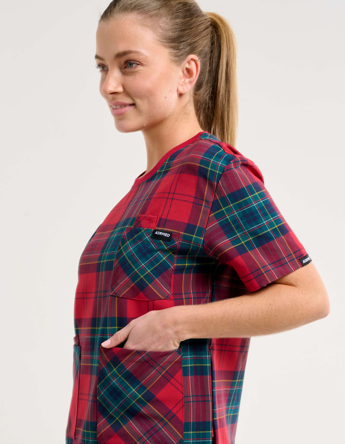 Essential Crewneck Scrub Top - Christmas Red Tartan