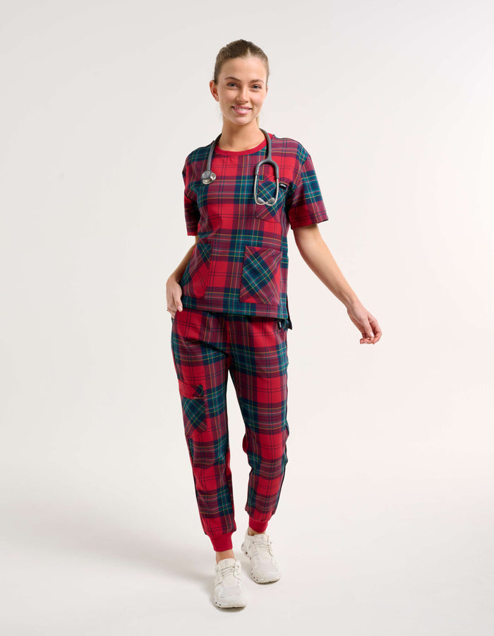 Essential Crewneck Scrub Top - Christmas Red Tartan