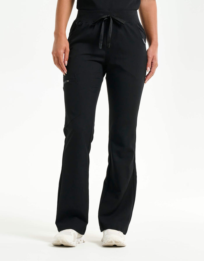 front of black flare scrub pants