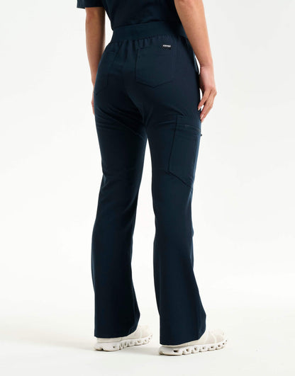 left with thigh pocket of midnight navy flare scrub pants