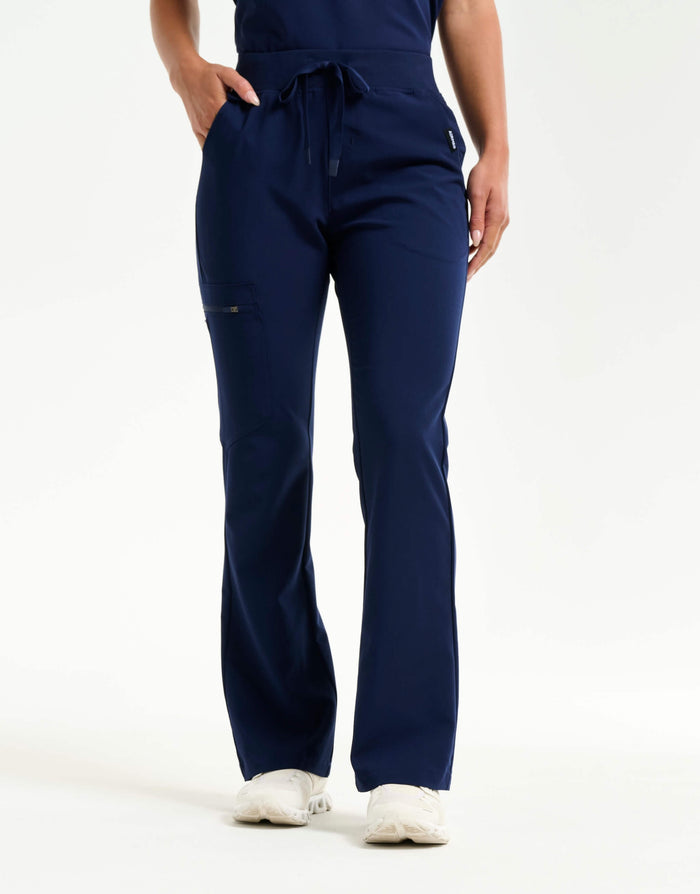 front of true navy flare scrub pants